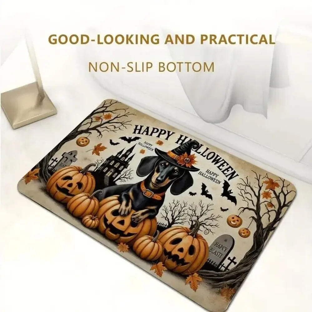 Cemetery Gravestones •Dachshund Halloween Witch Rug Mat • Bats • Jack-O-Lanterns